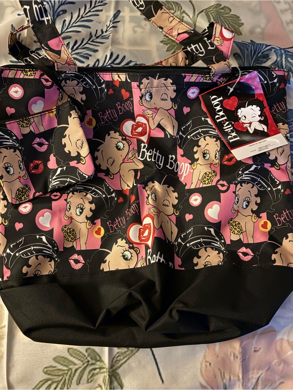 Betty Boop Black, Pink & Beige Character Print Tote and Coin Purse